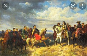 Stretnutie poľského kráľa Jána III. Sobieskeho (vľavo) a Karola Lotrinského (vpravo)